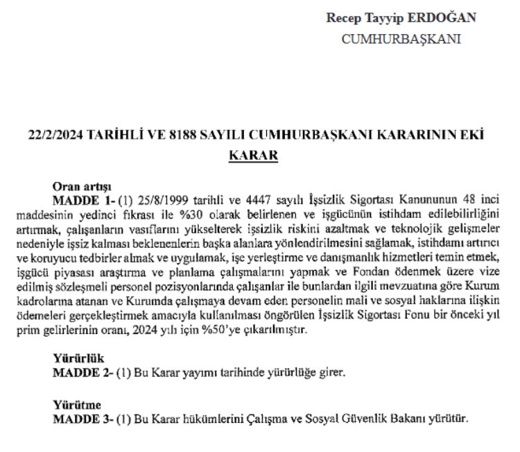 İşsizlik Sigortası Fonu’nda prim gelir oranı yüzde 50’ye çıkarıldı
