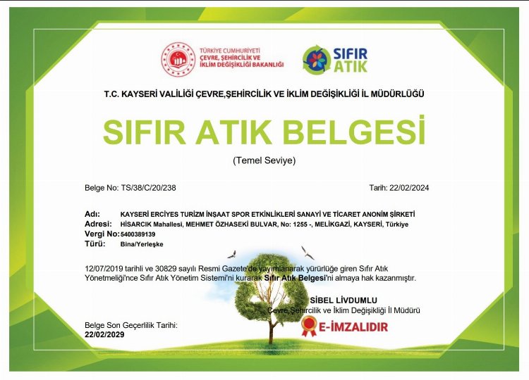 Erciyes Kayak Merkezi’nden Sıfır Atık Belgesi aldı